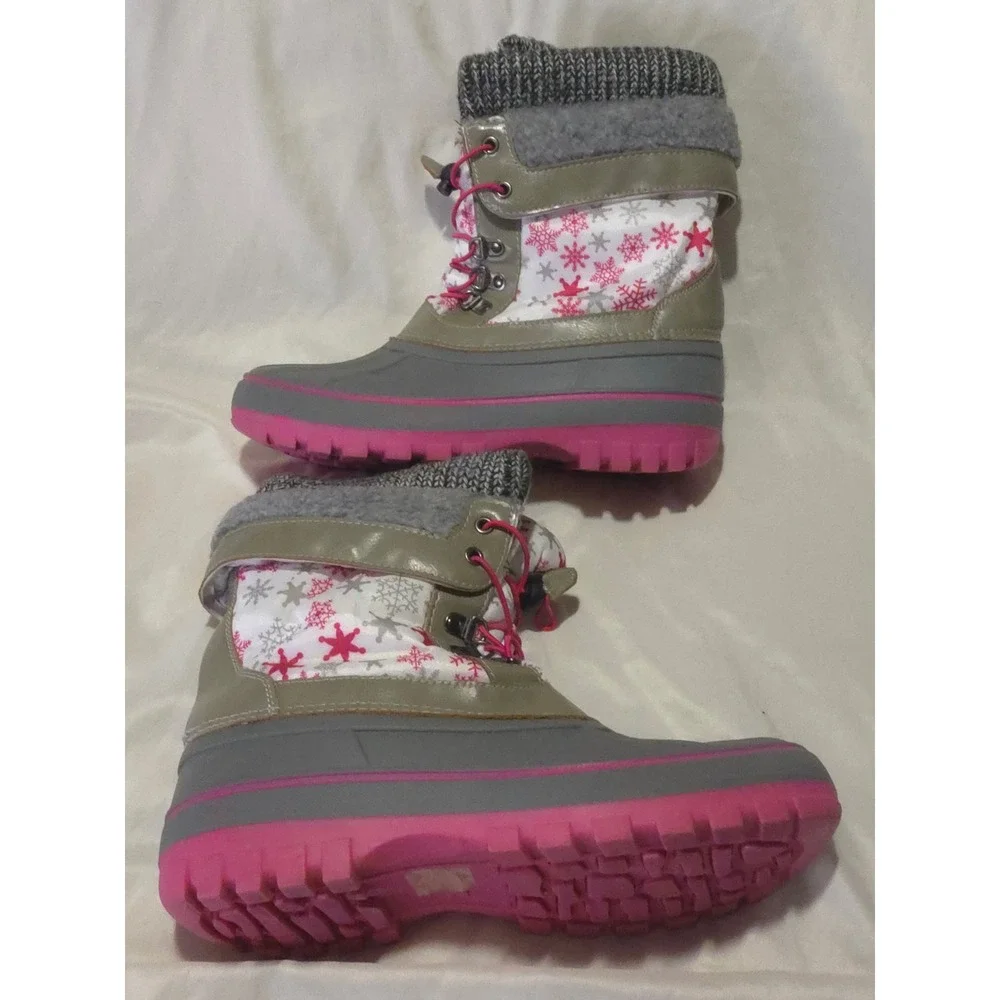 Dream Pairs KMONTE-1 Kids Snow Boots Pink Grey Snowflake Duck Boots Size 6 EUC